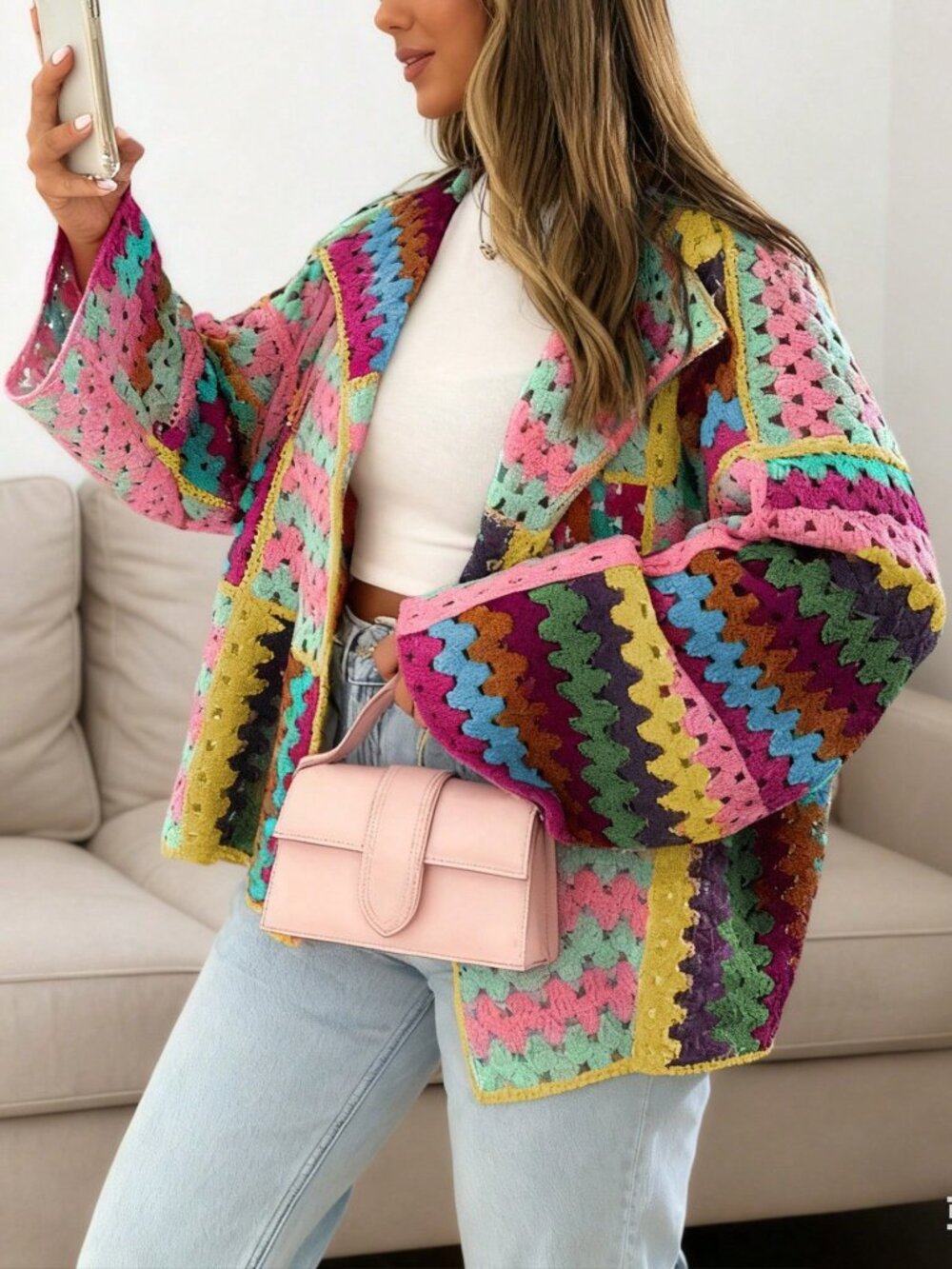 Multicolor Casual Women's Rainbow Color Patchwork Crochet Knit Cardigan